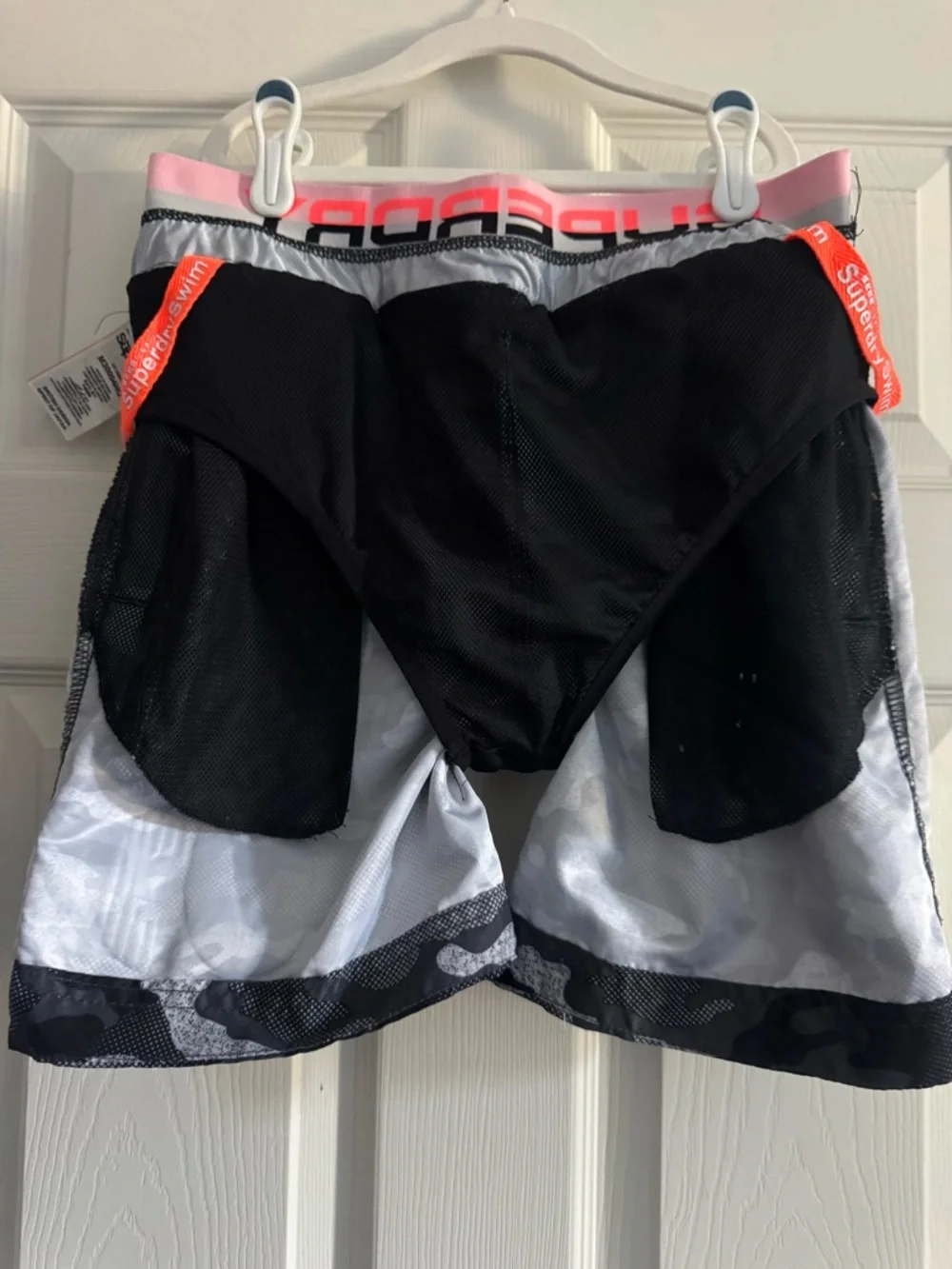 Superdry Men’s Camo Swim Trunks Shorts Black Gray Neon Coral Logo Size S